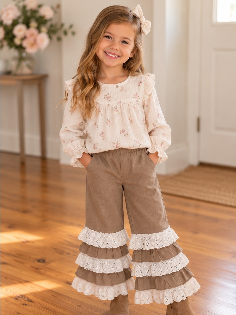Mustard Pie Brown and White Ruffle Eyelet Bell bottom Pants